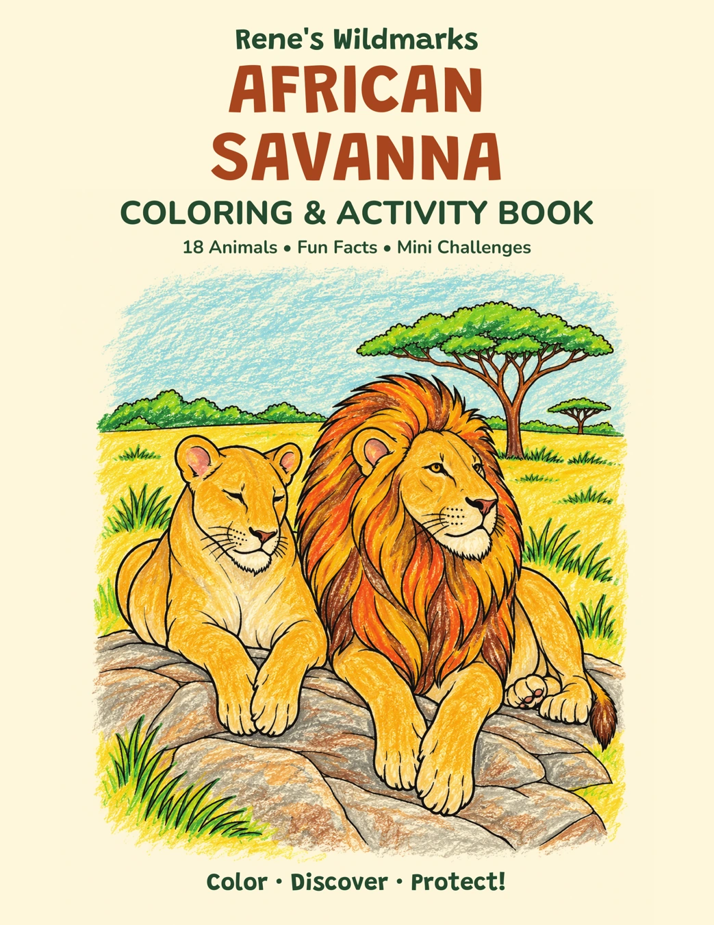 Rene's Wildmarks — African Savanna coloring and activity book, front cover