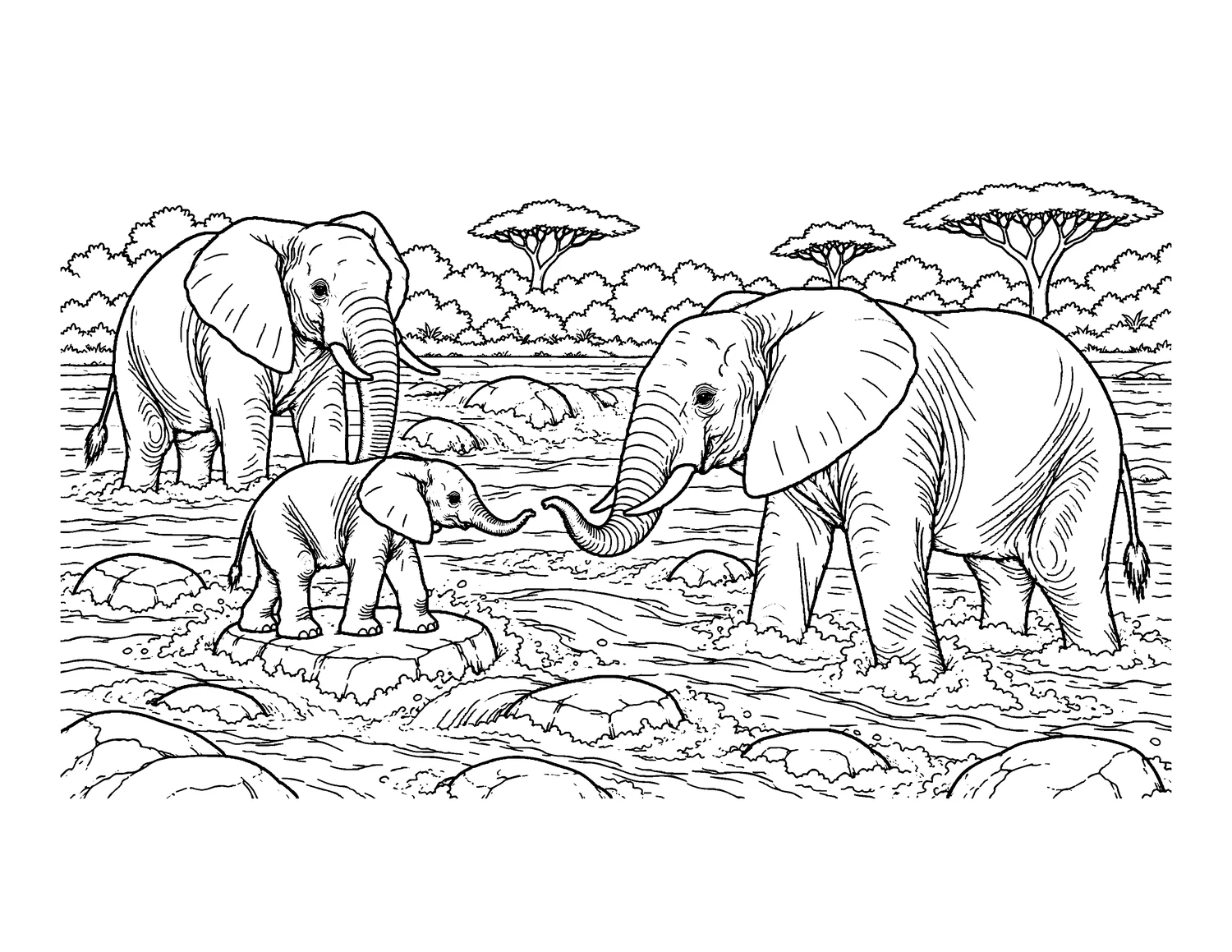 Original black and white elephant-family drawing.