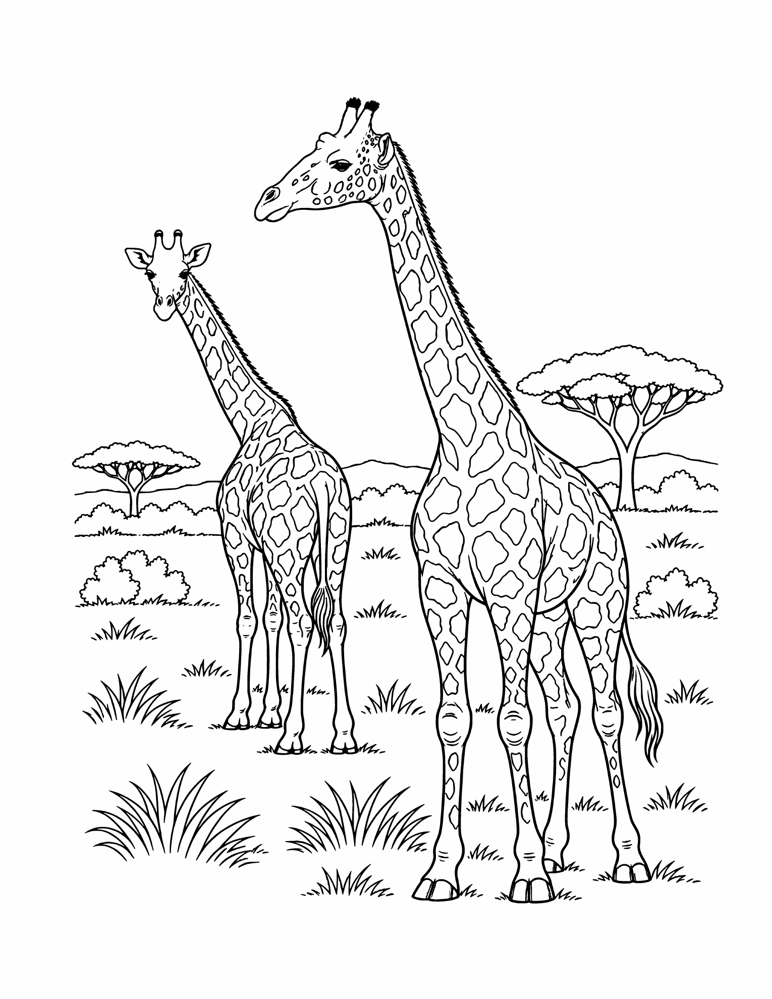The English coloring page with two Masai giraffes.