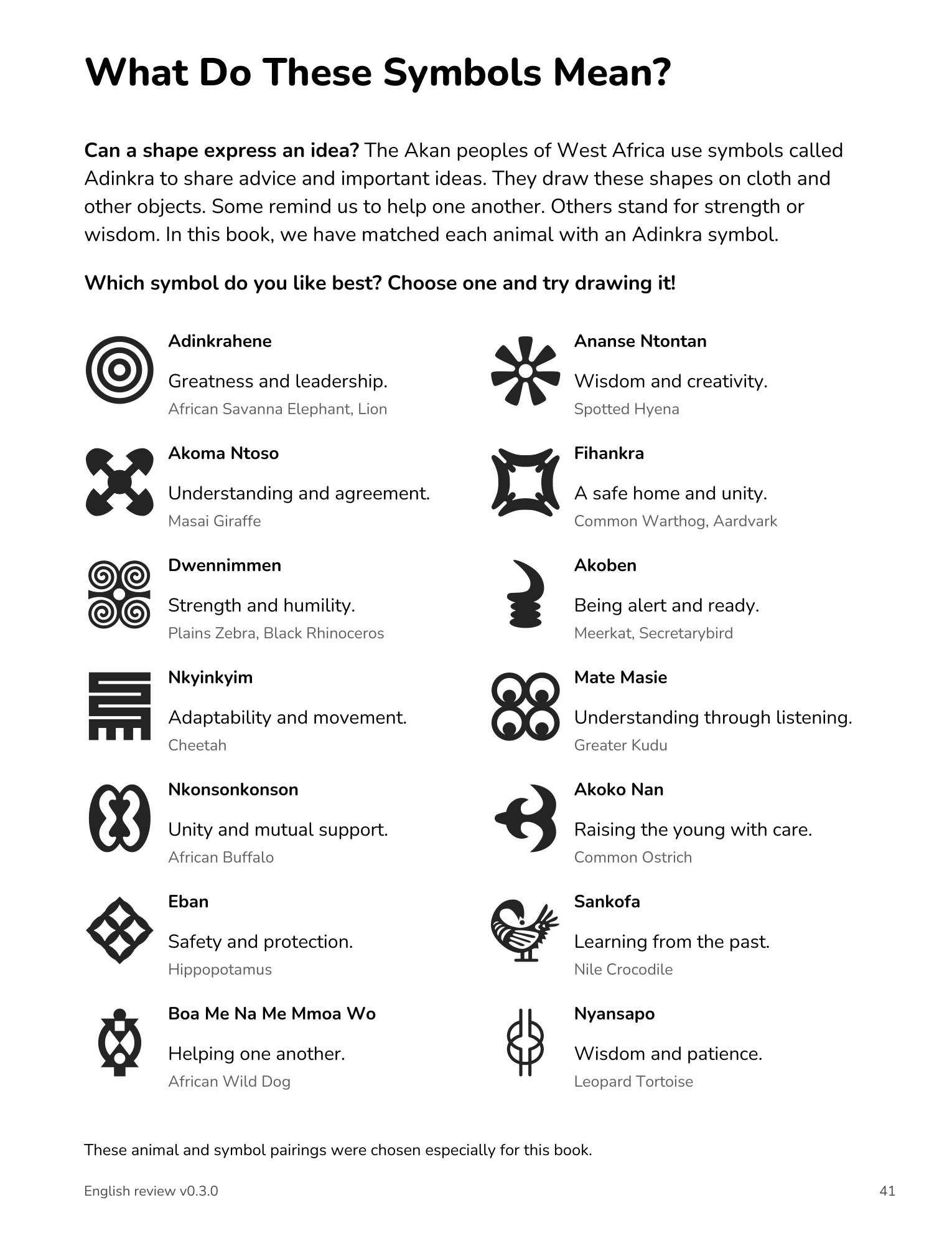 The book's guide to Adinkra symbols, from the English edition.
